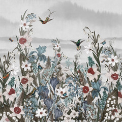 Fototapety  Wallpaper pattern tropical flower plants  Birds Vintage Painting white