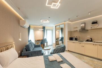 Interior of a luxury hotel apartment with kitchen