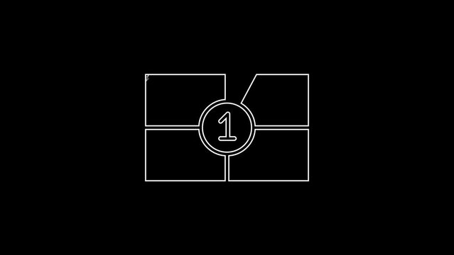 White line Old film movie countdown frame icon isolated on black background. Vintage retro cinema timer count. 4K Video motion graphic animation