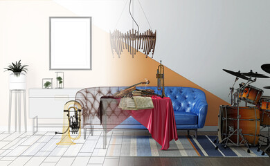 Elegant modern living room with musical instruments, with frame with empty picture,  3d rendering, 3d illustration