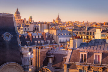 Pantheon and quarter latin parisian roofs at golden sunrise Paris, France