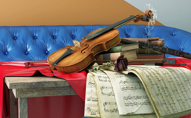 Elegant modern living room with musical instruments, 3d rendering, 3d illustration