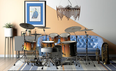 Elegant modern living room with musical instruments, 3d rendering, 3d illustration - 521735148