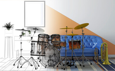 Elegant modern living room with musical instruments, 3d rendering, 3d illustration