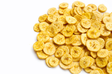 Banana slice chips on white background.