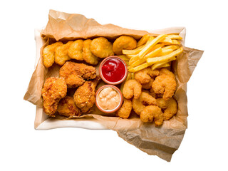 assorted beer snacks, chicken nuggets, french fries, shrimps temputa and chicken wings isolated on white background top view