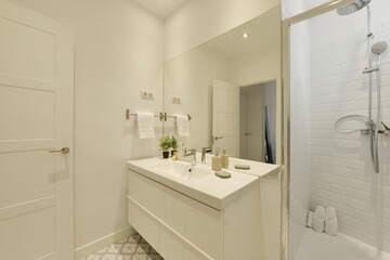 Bathroom with one-piece white porcelain sink, large frameless wall mirror, wooden cabinet with drawers and glass door shower stall