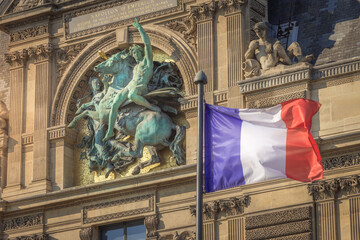 French flag winding and parisian architecture in Paris, France