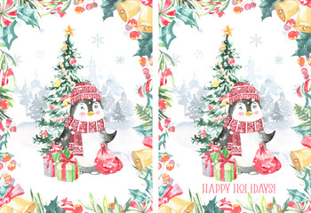 Watercolor winter forest,Christmas card illustration. Happy New Year characters, Pinguin,Christmas tree, snowflakes, floral frame,greenery, snowfall, presents,santa costume,Christmas Eve,greeting card