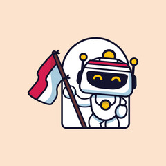 Vector illustration of cute robot holding indonesian red and white flag for independence icon