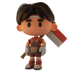 cute 3d male barista character with the theme of Indonesian independence
