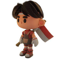 cute 3d male barista character with the theme of Indonesian independence