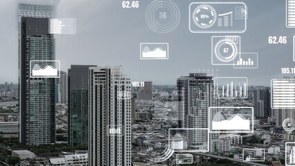 Business data analytic interface fly over smart city showing alteration future of business intelligence. Computer software and artificial intelligence are used to analyze big data for strategic plan .