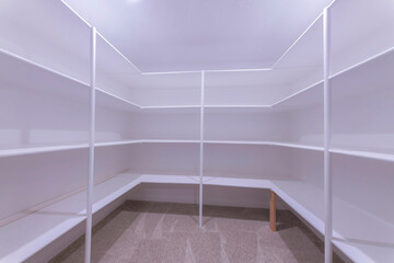Kitchen pantry with white interior and carpeted flooring