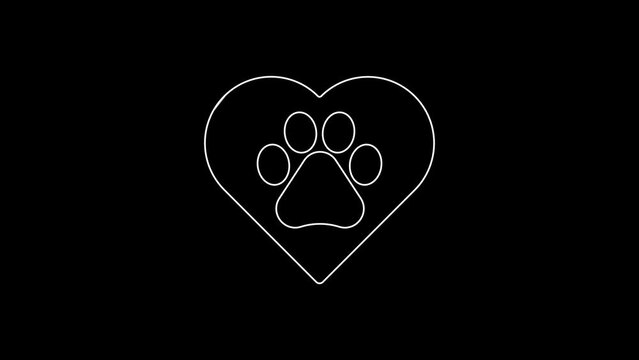 White line Heart with animals footprint icon isolated on black background. Pet paw in heart. Love to the animals. 4K Video motion graphic animation