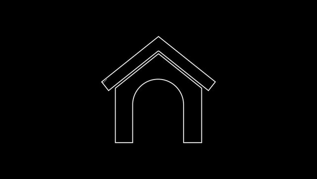 White line Dog house icon isolated on black background. Dog kennel. 4K Video motion graphic animation