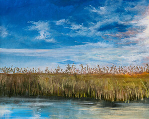 Oil painting of a warm day rural summer landscape in Danube Delta. Trees, reeds, and sky are reflected in the water.