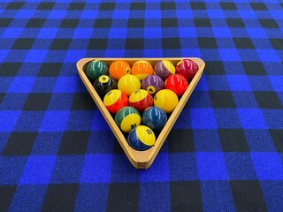 Billiard balls for American billiards. Pool balls. Billiard snooker pyramid. American pool. Pool game on table. Colored pool or billiard balls.