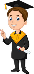 Cartoon boy in black gown holding a diploma - obrazy, fototapety, plakaty