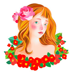 Red camellia with a beautiful, bright girl 001