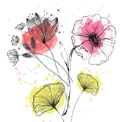 linear flower illustration with vector watercolor stain