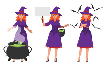 Obraz na płótnie Canvas witch teen set wearing purple dress characters vector character set ,Vector illustration