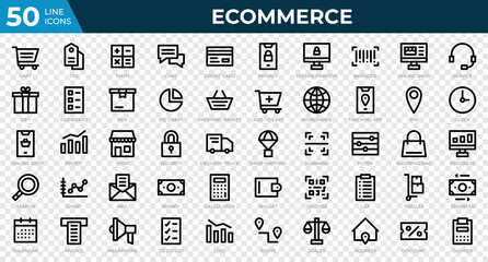Fototapeta na wymiar Set of 50 Ecommerce web icons in line style. Credit card, profit, invoice. Outline icons collection. Vector illustration