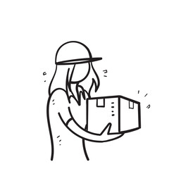 hand drawn doodle courier girl holding package box illustration vector