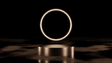 Dark scene black pedestal on wet ground with glowing circle as ornament, empty stage for product. 3D Rendering