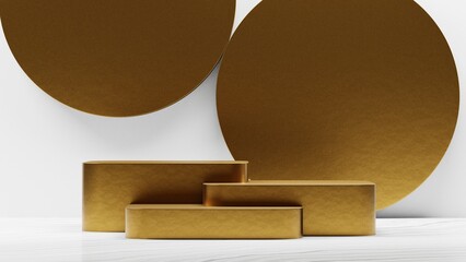 Minimalist golden pedestal for product showcase, Clean luxury gold podium display, 3D Render