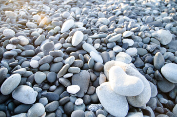 A bunch Grey Stones which is one in heart shaped with warm light at a beach in South Island New Zealand.