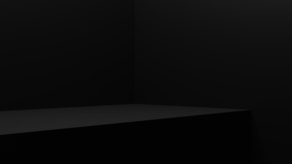black minimalist empty desk, blank stage, 3d pedestal for display, showcase, and advertising.
