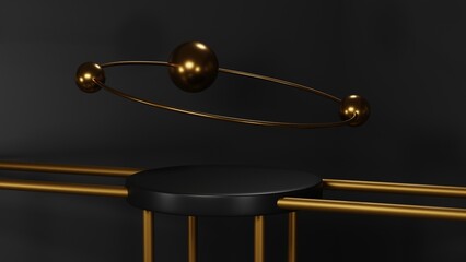 abstract black and gold pedestal stand display, 3D luxury golden ring, empty podium product showcase