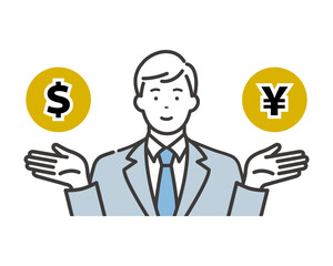 外国為替相場（ドル円）の説明をする若いビジネスマン