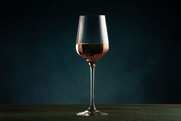 Rose wine from the zinfandel variety in wine glass on dark background, copy space - obrazy, fototapety, plakaty