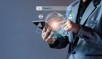 Data Search Technology Search Engine Optimization. Business people are searching for information in digital databases, search jobs, apply online jobs, manage big data bases, business information.