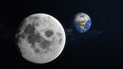 3D Render Close Up Moon And Show Up Earth World Planet Rotation On Galaxy Space 3D Illustration Background