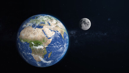 3D Render Close Up Earth World Planet And Show Up Moon From Behind On Galaxy Space 3D Illustration