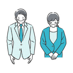 お辞儀をする男性と女性（マスク姿）