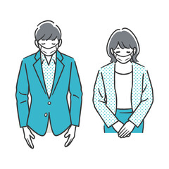 お辞儀をする男性と女性（マスク姿）
