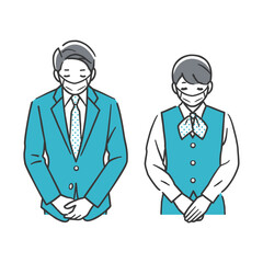 お辞儀をする男性と女性（マスク姿）