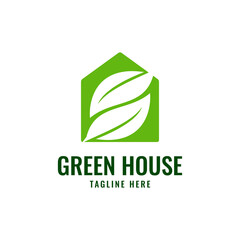 Green House Logo Template with Natural Leaves Symbol Combination