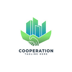 Handshake Logo Design and Modern Urban Buildings for a Symbol of Cooperation In Business