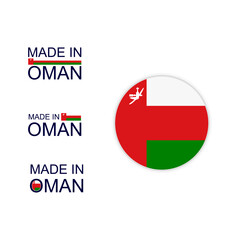 Made in Oman, Oman circle flag symbol design, vector illustration. Quality mark vector icon. Perfect for logo design, tags, badges, stickers, emblem, product packaging, etc.