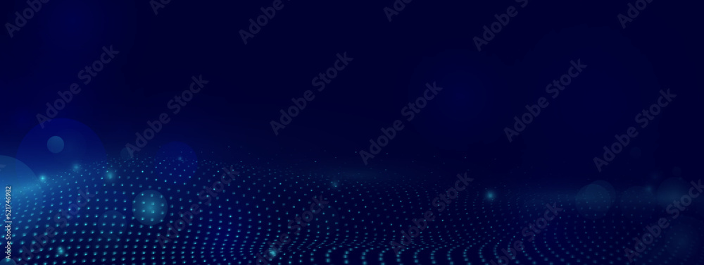 Wall mural abstract blue dots and weave lines with lens flare bokeh background. futuristic digital technology. 