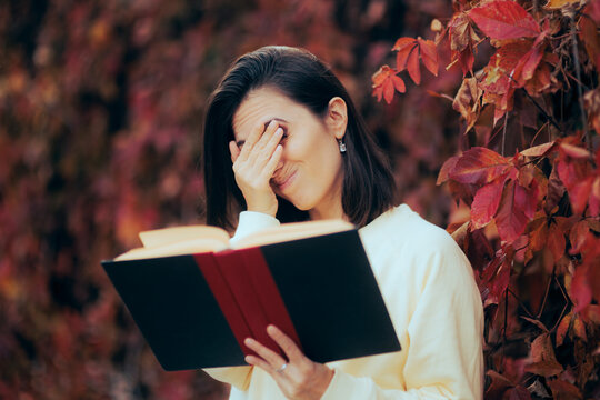 Woman Reading a Stupid Conspiracy book making Facepalm Gesture. Educated girl finding scientifical errors in a textbook

