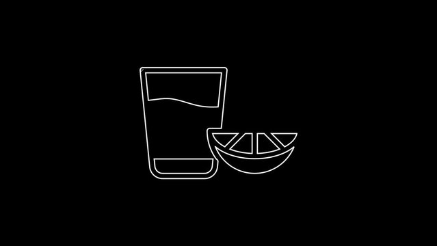 White line Tequila glass with lemon icon isolated on black background. Mexican alcohol drink. 4K Video motion graphic animation