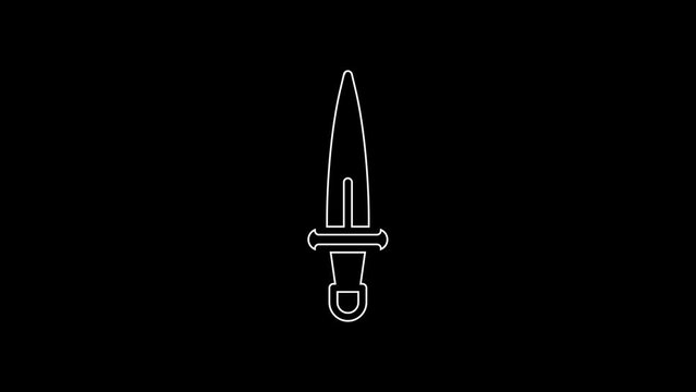 White line Dagger icon isolated on black background. Knife icon. Sword with sharp blade. 4K Video motion graphic animation