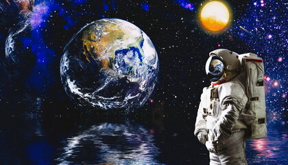 Astronaut in space in the solar system Earth. Blue light on background. Elements of this image...