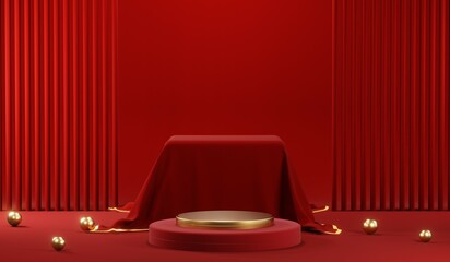 3D rendering of blank product background for cream cosmetics Modern red podium background